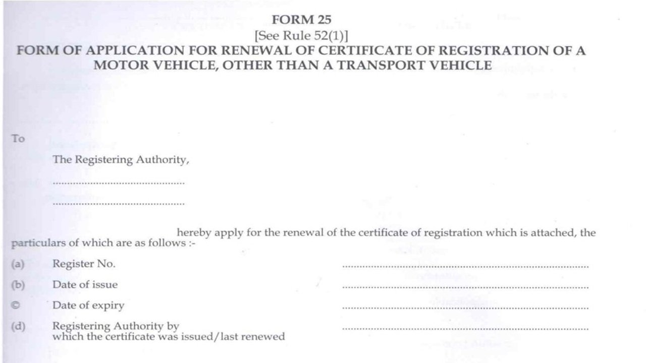 Form 25 for Renewal of Vehicle Registration (Transport Department) PDF