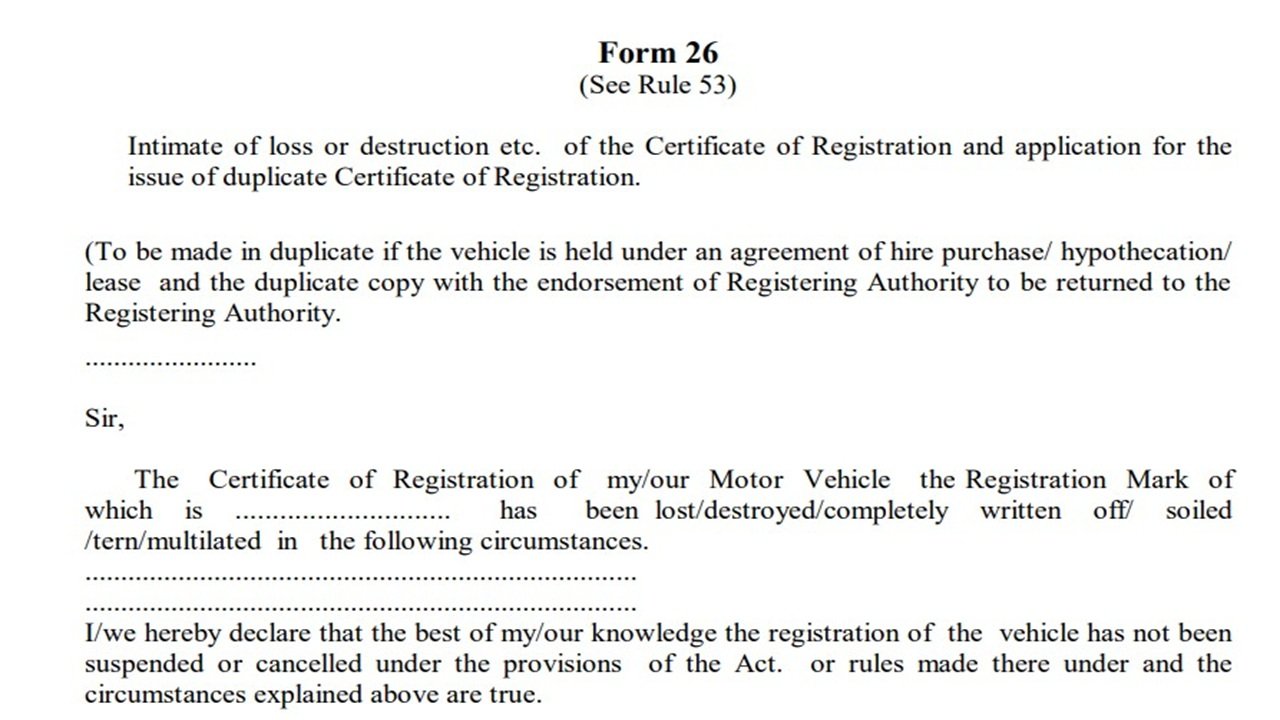 Form 26 for Duplicate Registration Certificate (Transport Department) PDF