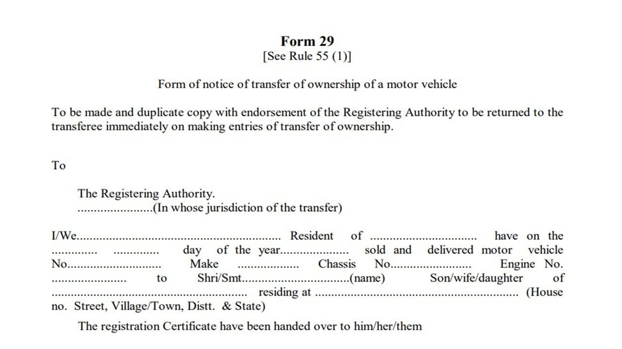 Form 29 for Transfer of Ownership for Vehicle Registration (Transport Department) PDF