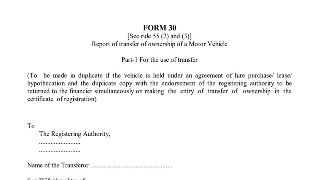 Form 30 for Transfer of Ownership for Vehicle Registration (Transport Department) PDF