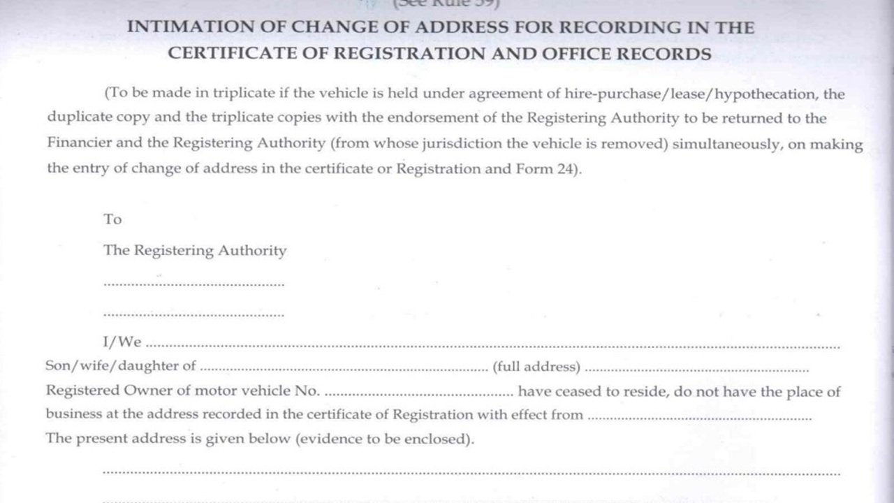 Form 33 of Change of Address in Vehicle Registration Certificate (Transport Department) PDF