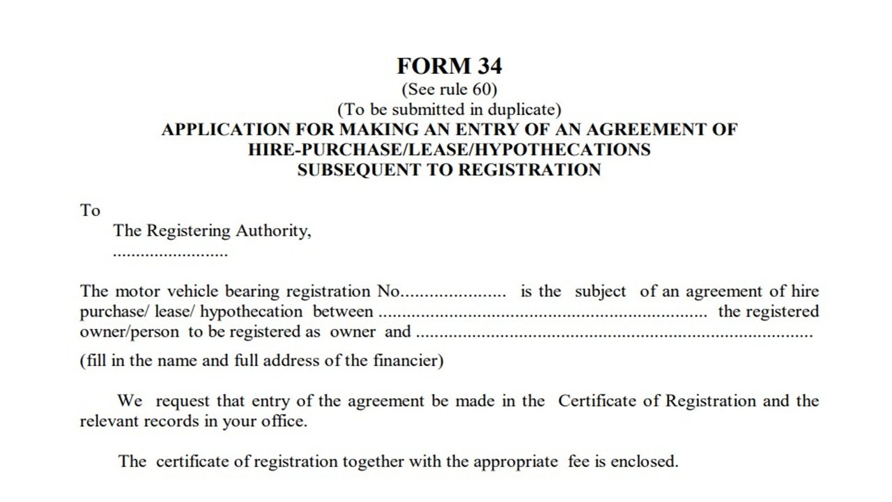 Form 34 for Addition of Hypothication in Vehicle Registration (Transport Department) PDF