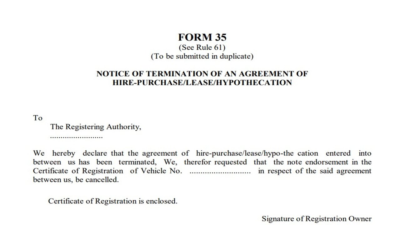 Form 35 for Termination of Hypothication in Vehicle Registration (Transport Department) PDF