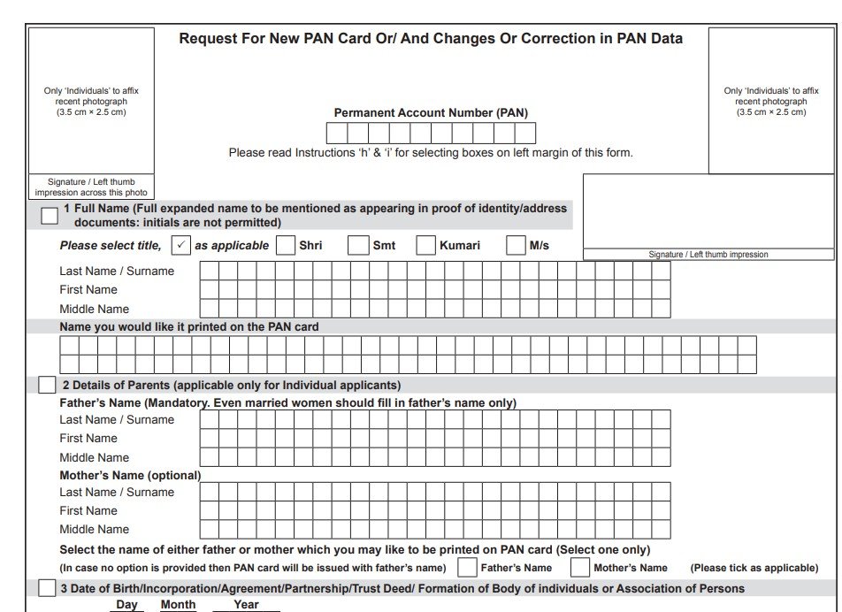Pan Card Correction Form