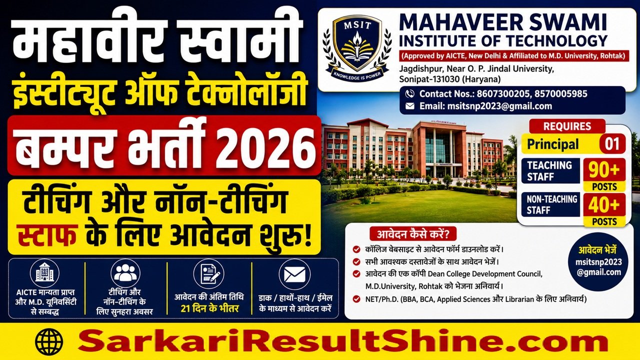 Mahavir Swami Institute of Technology Recruitment 2026