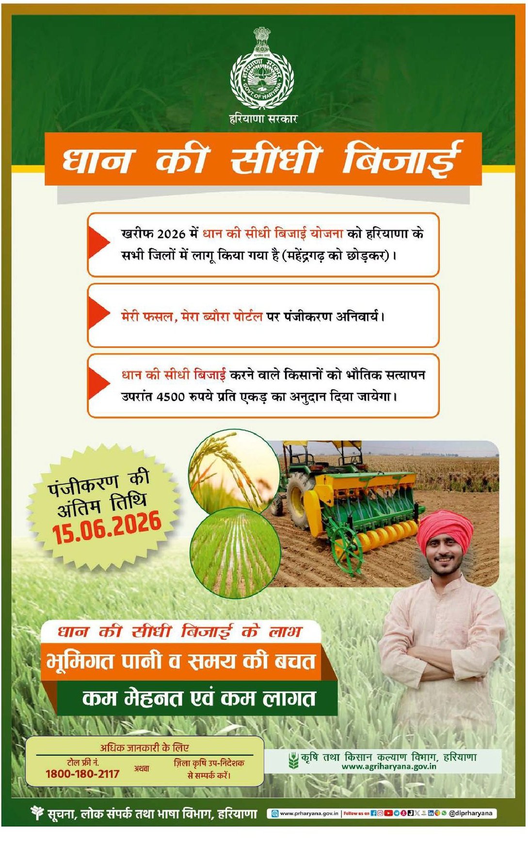 हरियाणा सरकार की धान की सीधी बिजाई योजना 2026 शुरू